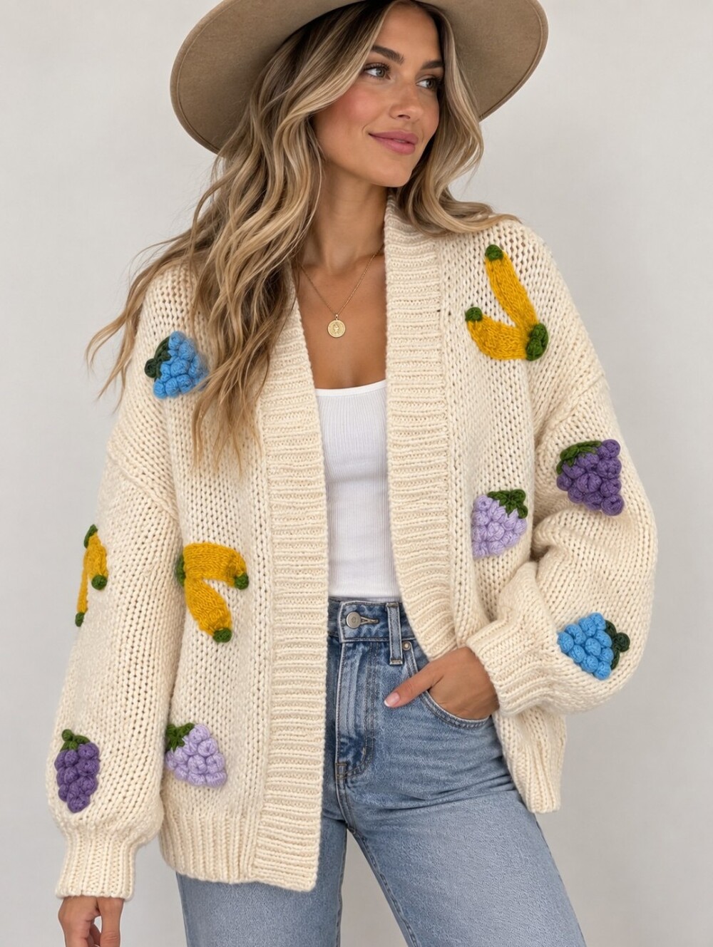 Duchamp 3D Fruit Appliqué Chunky Knit Cardigan Cream One Size